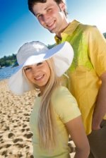 spf clothing boy and girl in yellow shirts at the beach with white hat